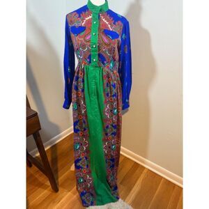 Vintage 70s Denise L Hermosa Beach‎ Paisley Maxi Dress Sz13 Blue/Green EUC Boho